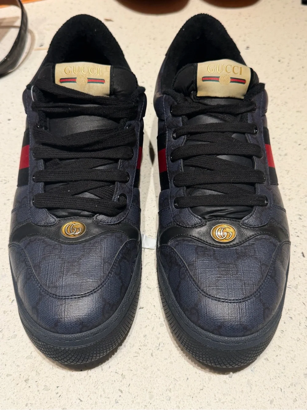 Gucci screener navy blue leather Low-Top Sneakers with Red and Blue Web Stripe